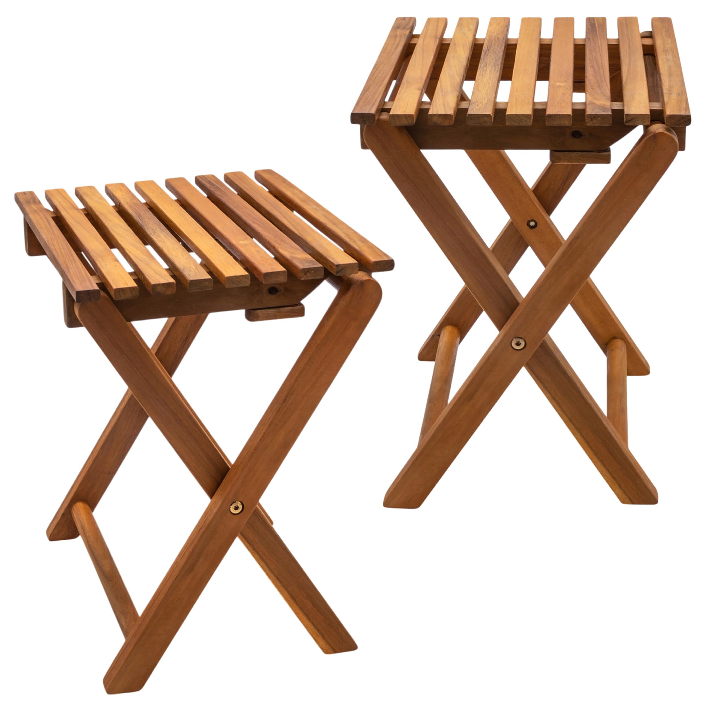 Spetebo Taburete plegable de madera de acacia, barnizado natural, 37 x 29 cm, juego de 2 unidades, taburete plegable en aspecto de teca, para jardín, balcón, mesa auxiliar, mesa auxiliar para plantas