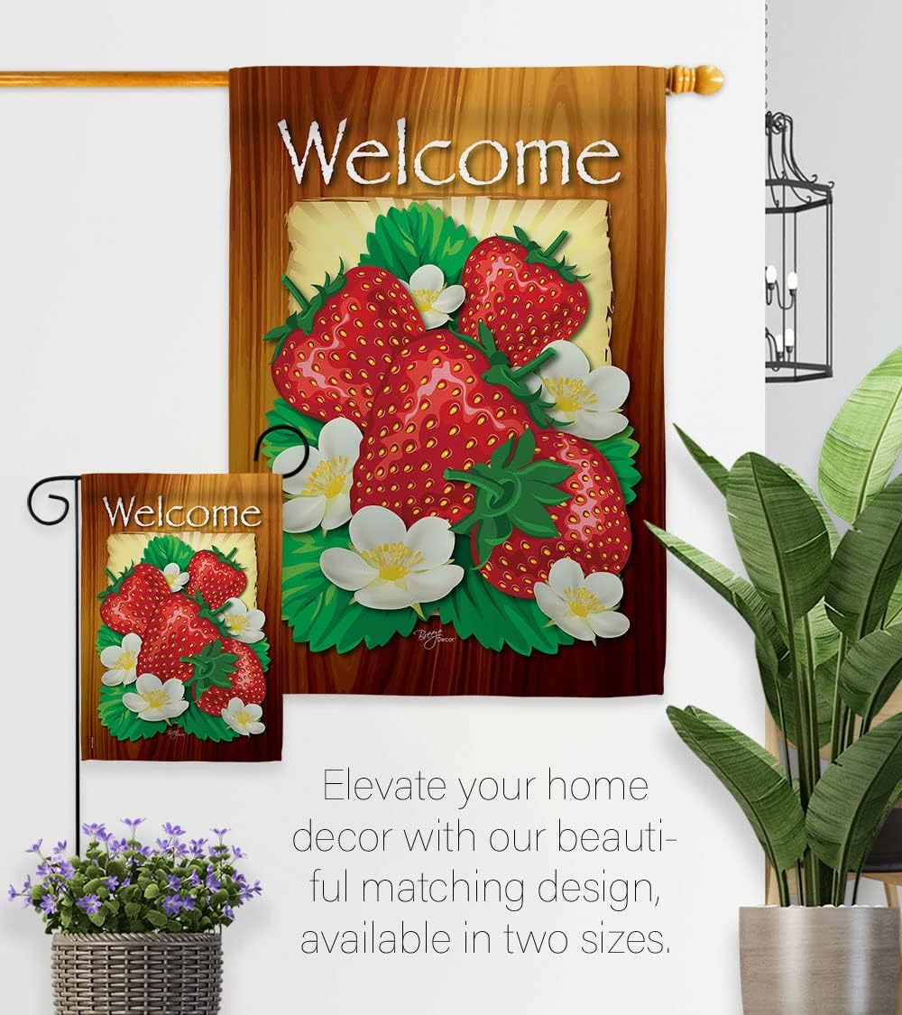 Breeze Decor - Welcome Strawberries Food - Everyday Fruits Impressions Decorative Vertical House Flag 28" x 40" Printed in USA