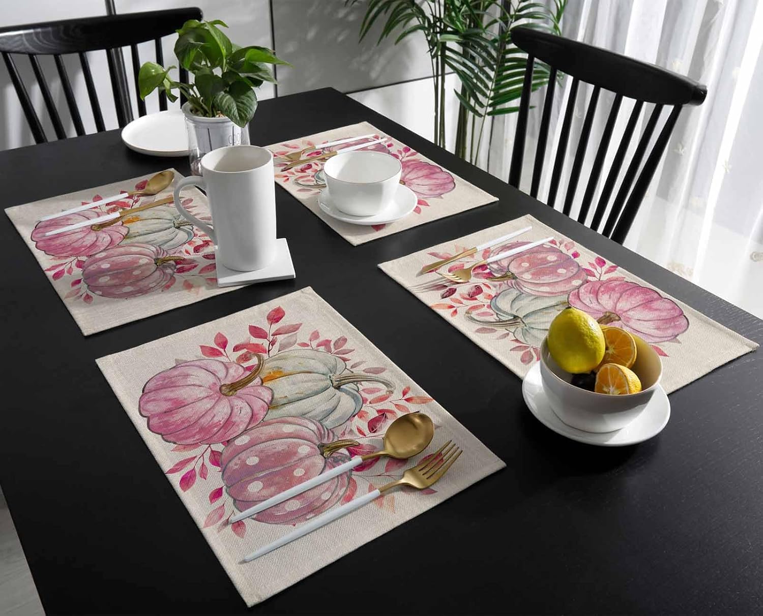 Fall Placemats Set of 4 Autumn Pink White Polka Dot Pumpkins Leaves Linen Texture Place Mat for Dining Table Washable Burlap Cotton Table Mats
