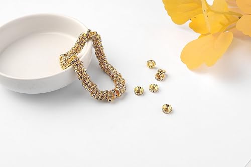 Vista 6 de 200 piezas de cuentas espaciadoras redondas de 8 mm, bañadas en oro, con cristales de diamantes de imitación, cuentas sueltas para collares
