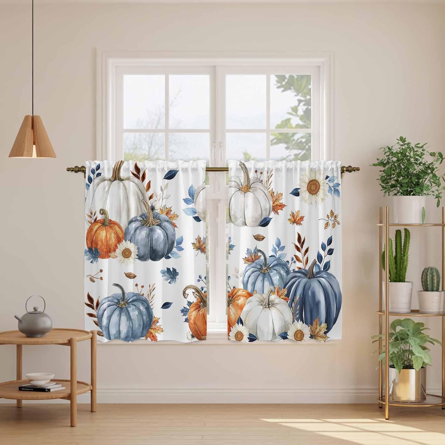 Fall Pumpkin Kitchen Curtains 45 Inch Long 2 Panel Set, Rod Pocket Window Treatment, Thanksgiving Autumn Daisy Farmhouse Leaves Light Filtering Short Curtains & Drapes for Bathroom Laundry 52"W x 45"L