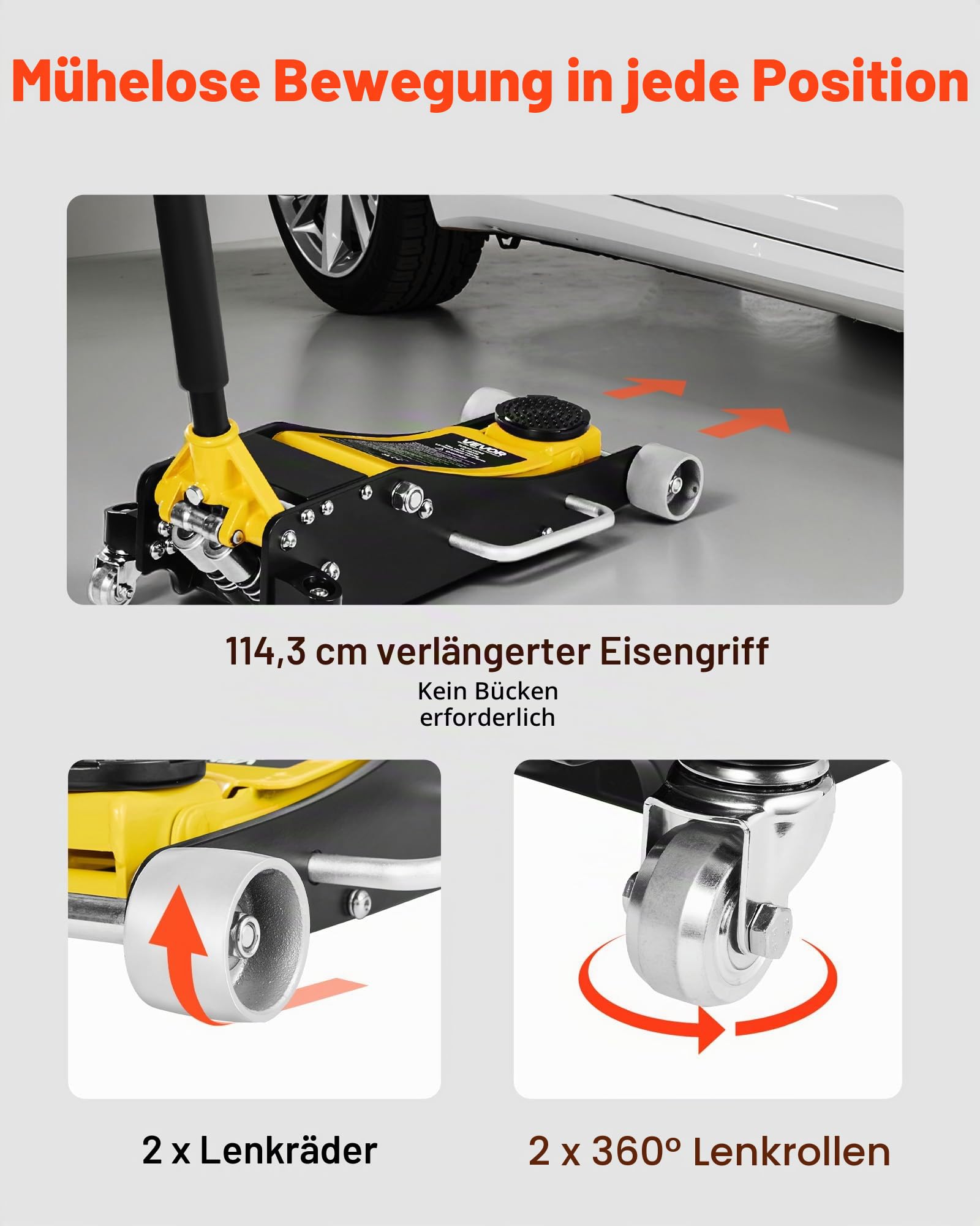 VEVOR Rangierwagenheber Wagenheber mit niedrigem Profil & 360° Rollen 2,5 t, Doppelkolben-Schnellhubpumpe, 95–475 mm Hubhöhe, hydraulische Wagenheber für kompakte SUVs Gelb + Schwarz