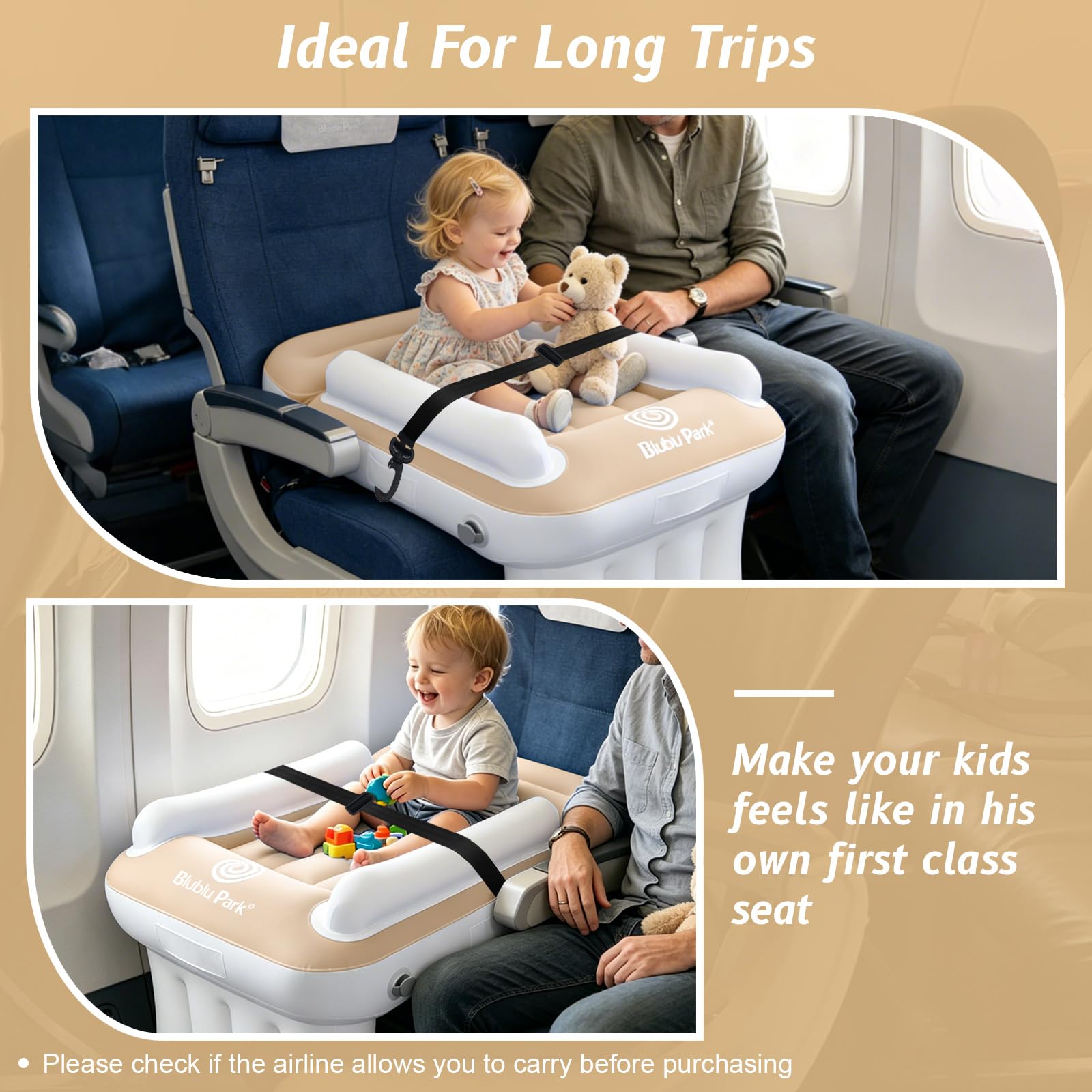 Letto aereo per bambini, lettino da viaggio per bambini, estensione del sedile dell'aereo con lati alti, letti gonfiabili portatili, adatto per sedile del volo, auto, treno (crema)