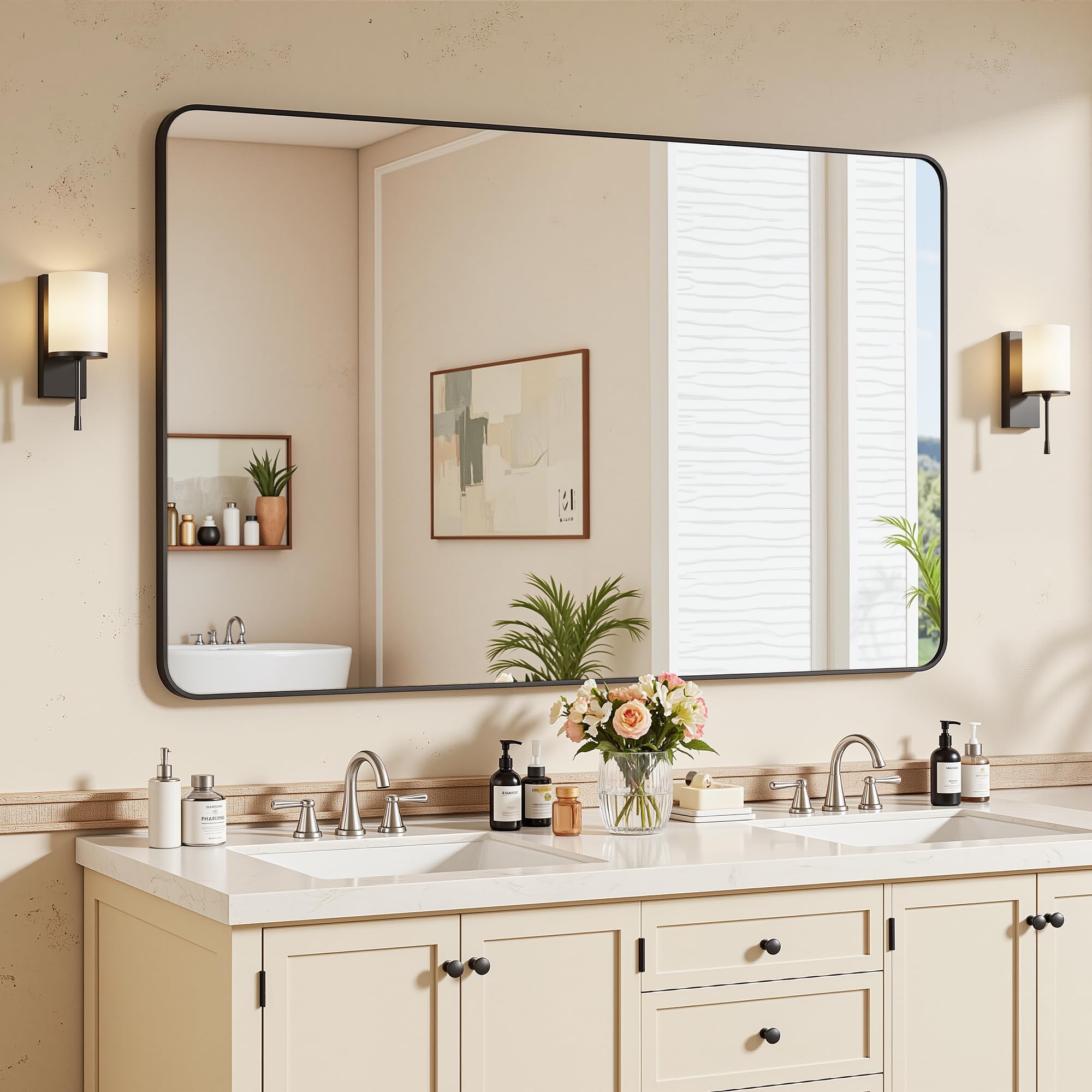 Bathroom Mirrors for Over Sink 48" x 30", Black Metal Frame Rounded Corner Rectangle Wall Mirror, Modern Farmhouse Vanity Mirror(Horizontal/Vertical)