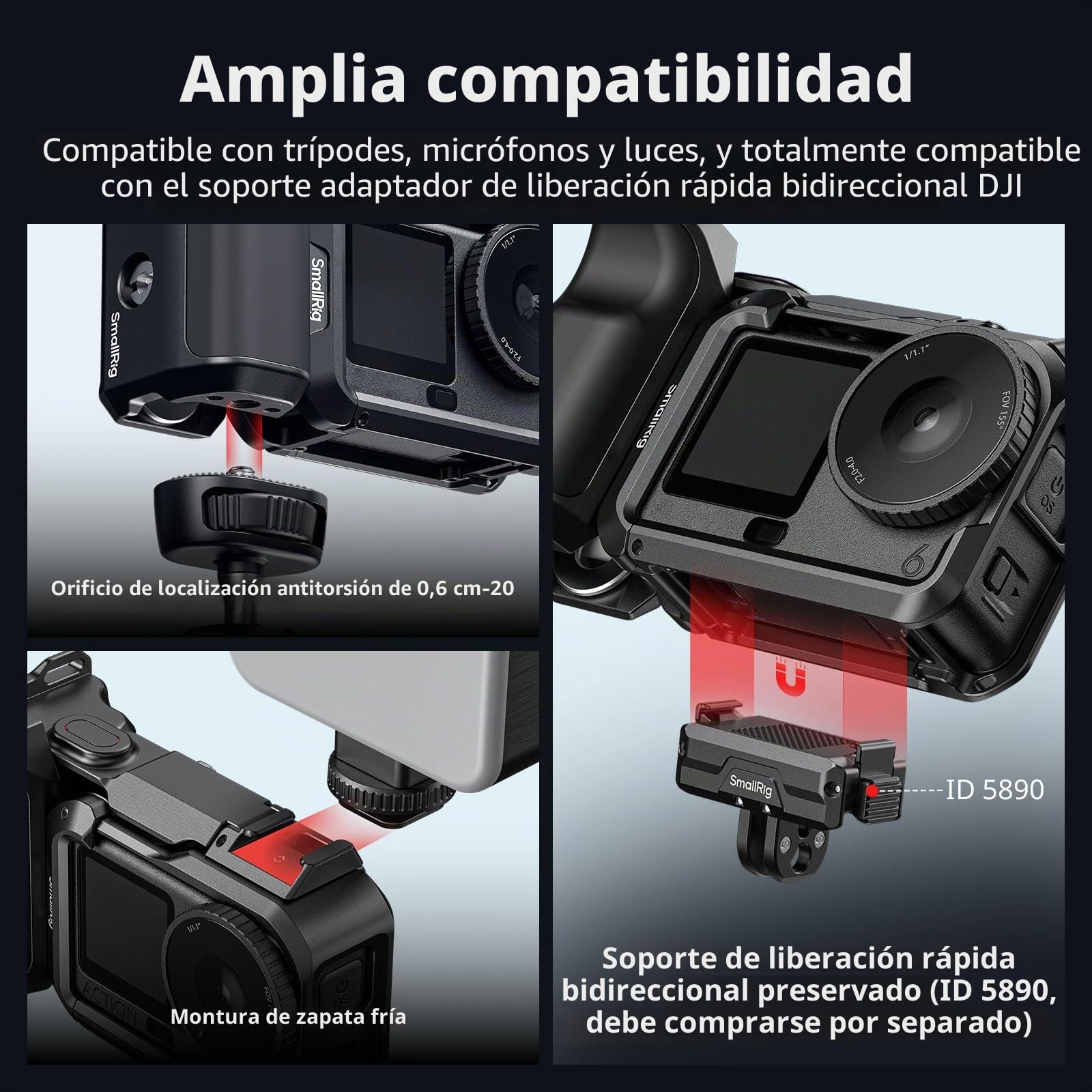SMALLRIG Kit de mango para DJI Osmo Action 6 con jaula de metal, mango de fotografía callejera para DJI, jaula Action 6 con disparador, zapata fría, muñequera, cubierta de lente, orificio roscado 1/4
