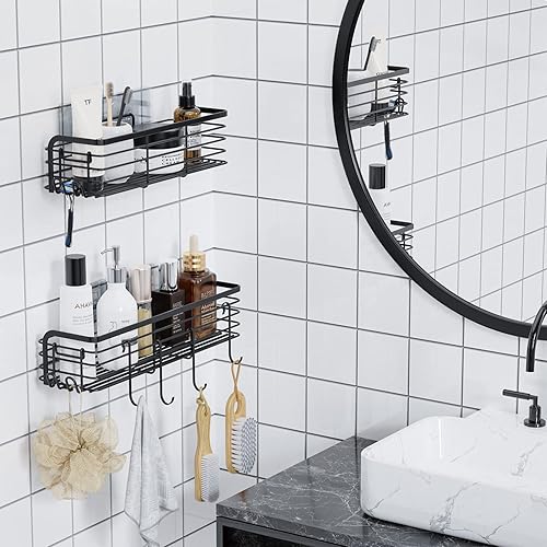 Miniatura 2 de Tindbea Estante de ducha adhesivo con 6 ganchos, organizador de ducha de baño sin taladrar, estante de almacenamiento de ducha de acero inoxidable