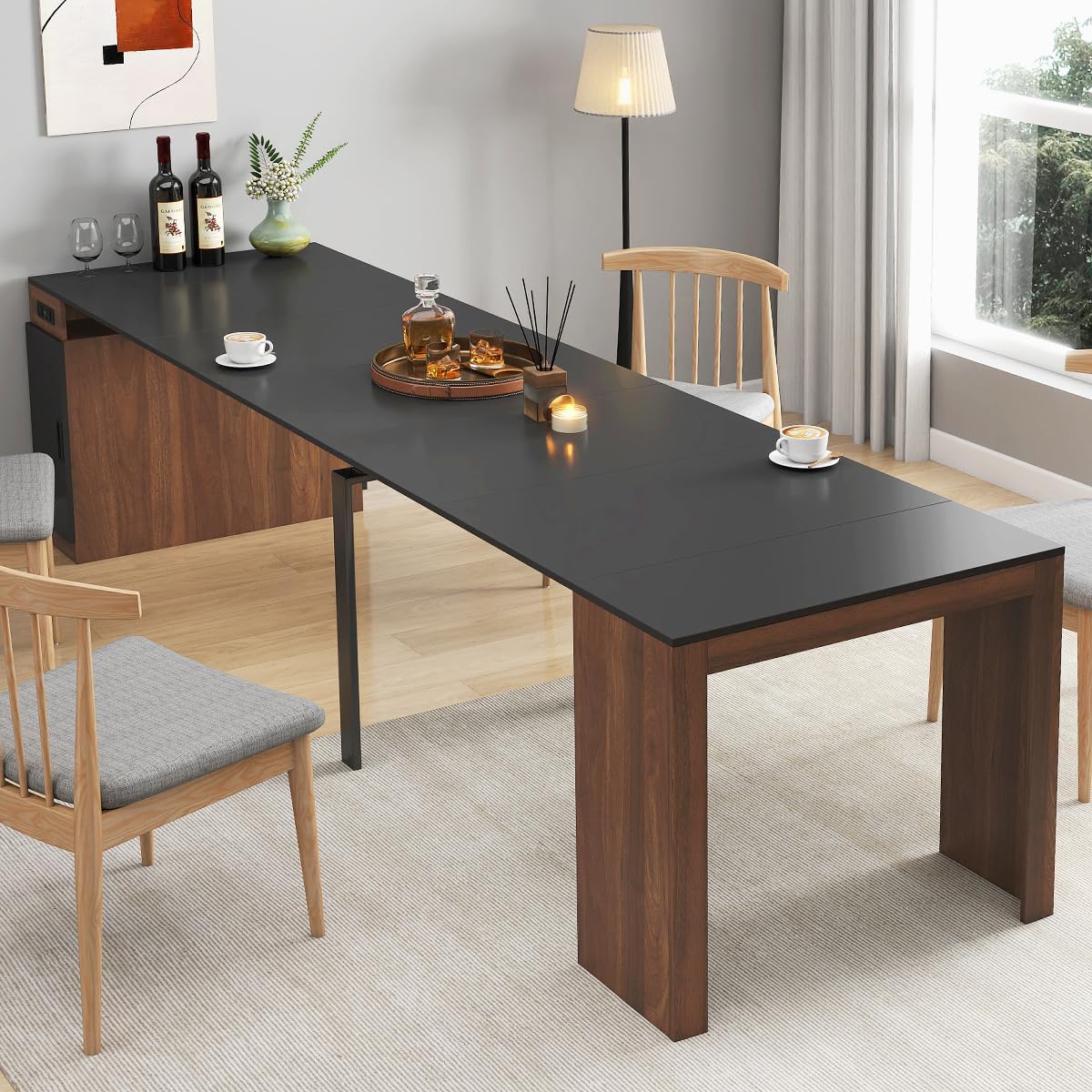 118'' Extendable Dining Table with Power Outlet for 8-12 Person, Space Saving Rectangular Expanding Kitchen Table with Storage for Living Room (Walnut+Black)
