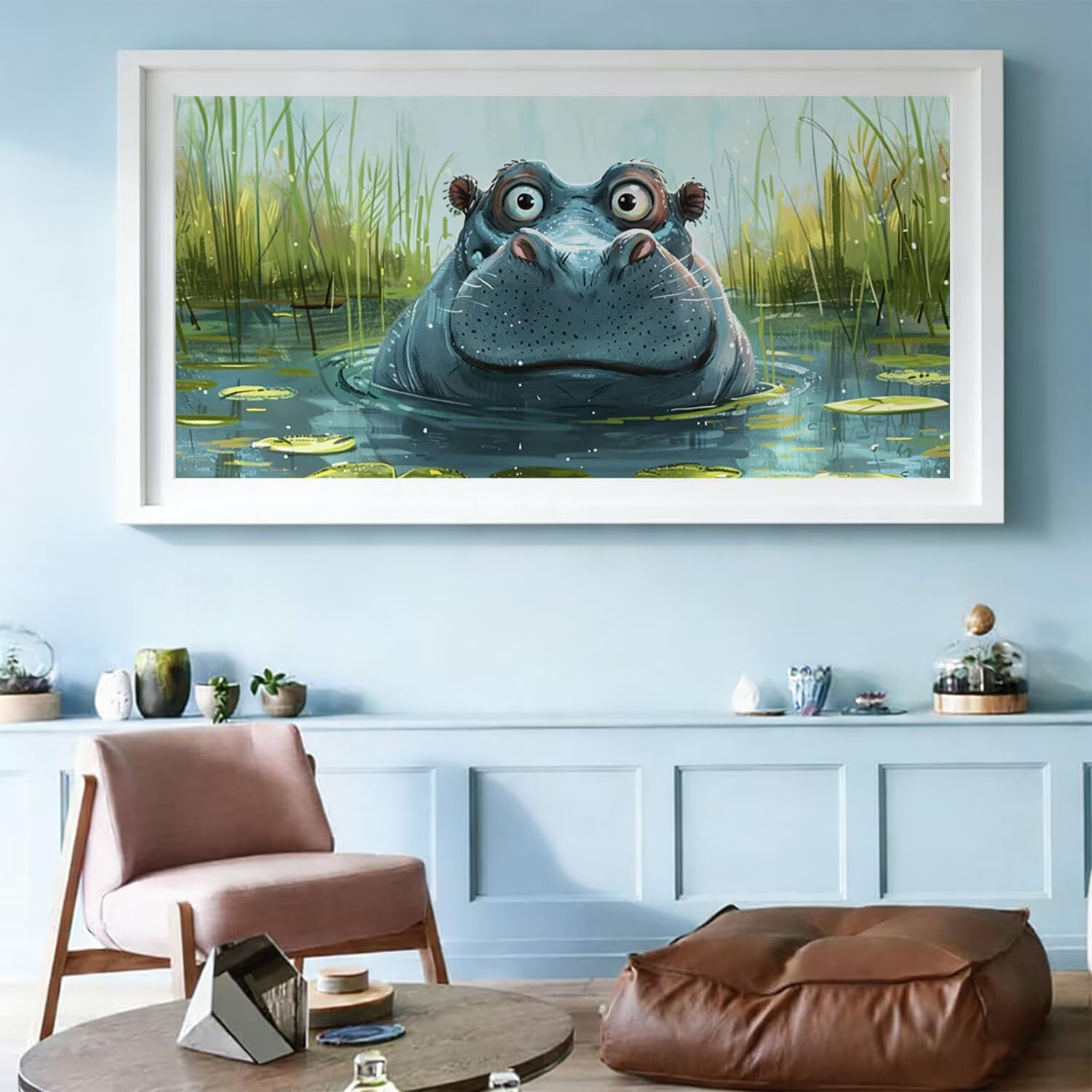 Malowanie według liczb Dorośli Hipopotam Wzór Roślin, Rzemiosło Dorośli Zestaw Farby Akrylowe z Pędzelkami, DIY Kreatywność Paint by Numbers Bez Ramki, Zdjęcia Wystrój Domu 50x100cm h-q-4968