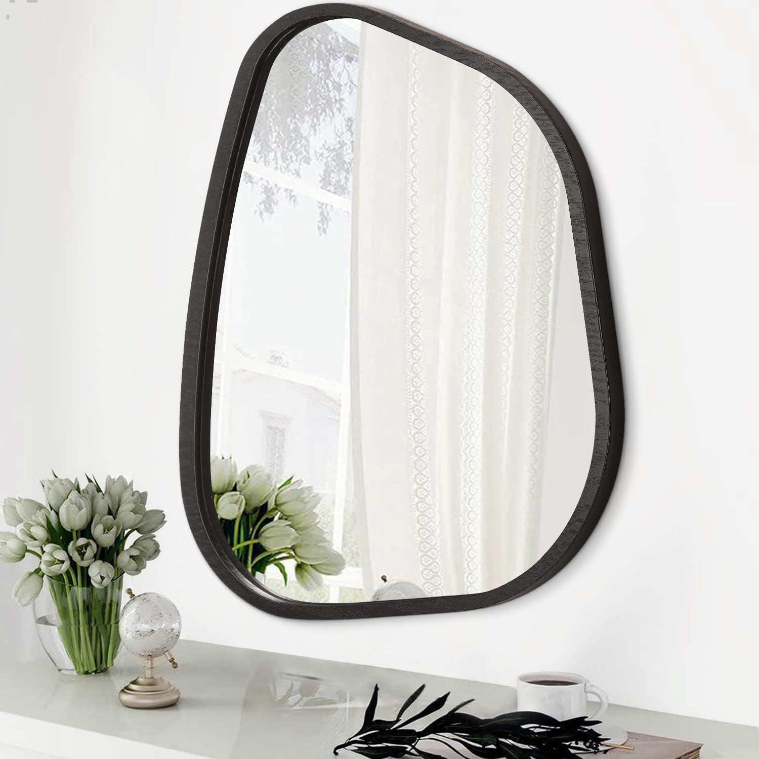 Irregular Wall Mirror Asymmetrical White Mirror Modern Wood Frame Unique Shape Wall Mounted Vanity Artistic Mirror Decor for Living Room Bedroom Bathroom Entryway Hallway 20"x16"