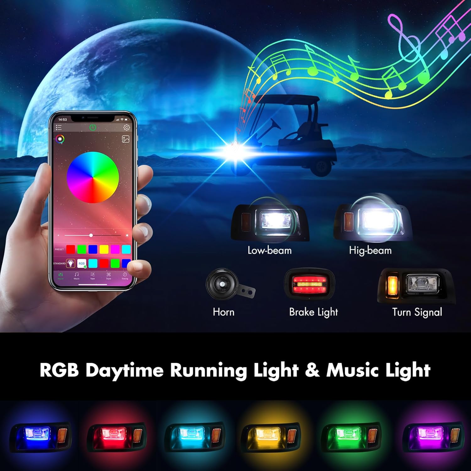 10L0L Deluxe Golf Cart Light Kit for Club Car DS All Years, Headlight Taillight Kit, RGB Music Daytime Running Light, with High/Low Beam Turn Signal Hazard Blinker Brake Light and Horn (12V-60V Input)