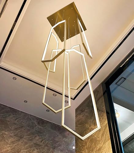 Miniatura 32 de Candelabro moderno de 6 anillos, luz LED dorada contemporánea para entrada de sala de estar, lámparas de techo alto regulables con control remoto