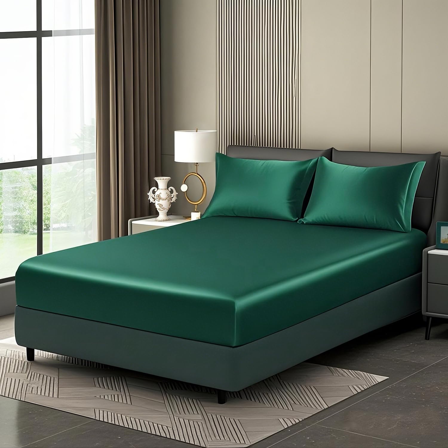 Luowei Satin Spannbettlaken Boxspringbett 140x200cm Sommer Bettlaken Dunkelgrün Seidig Seide Kühlend Mikrofaser Spannbetttuch 140x200 Weich Maschinenwaschbar für Hohe Matratze bis 25-30 cm