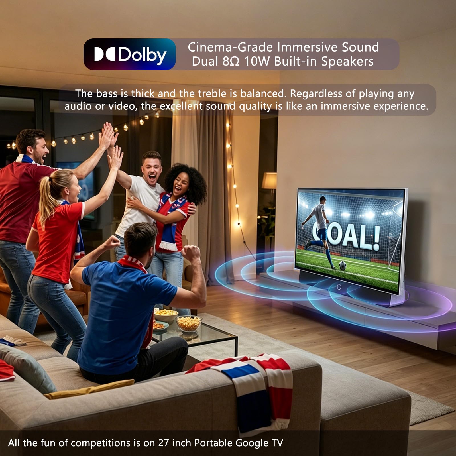 TV portátil de 27 pulgadas FHD 1080P Android14 OS con Google TV, batería de 9000 mAh, Dolby Audio, 100% sRGB, Google Assistant, mango de cuero, transmisión de Android TV con funda de transporte para