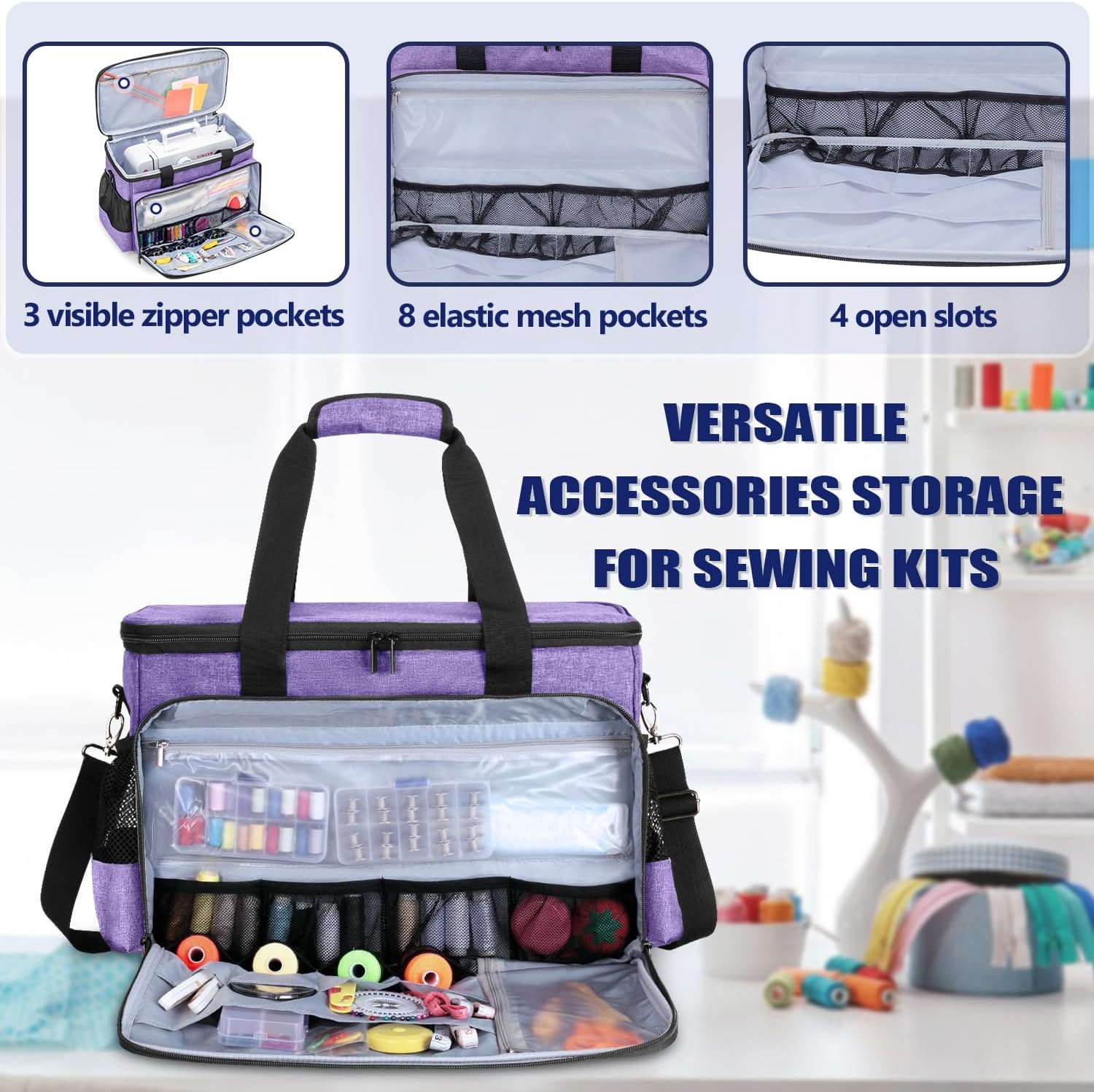 Yarwo Sewing Machine Carrying Case with Thicken Bottom Board, Universal Sewing Machine Tote Compatible with Most Standard Sewing Machine and Accessories, Purple