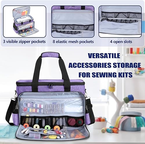 Miniatura 38 de Yarwo Funda de transporte mejorada para máquina de coser con ruedas, bolsa de mano desmontable con tabla inferior extraíble y pata de remolque