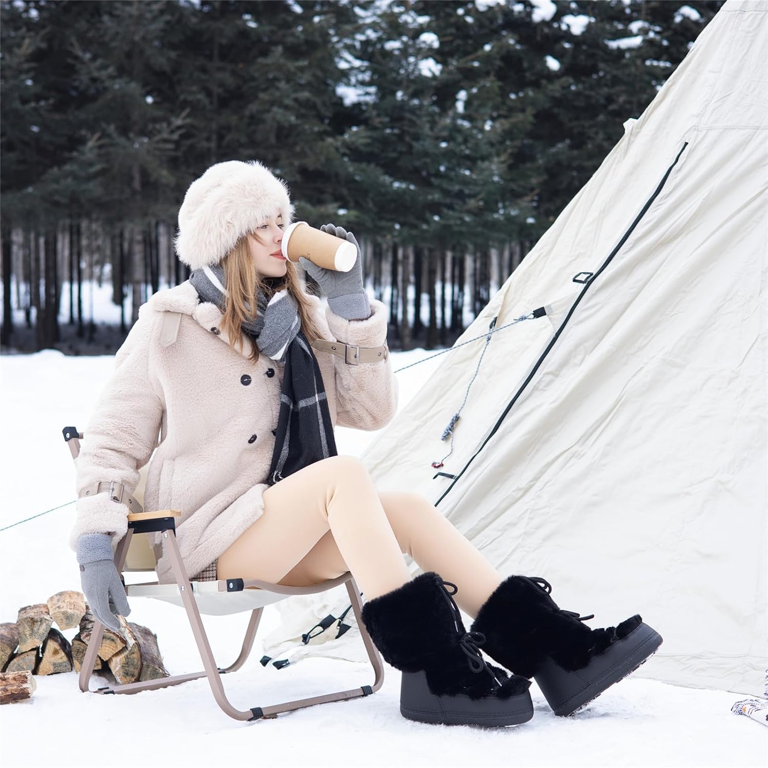 Faux Fur Snow Boots for Women,Furry Fuzzy Fluffy Womens Boots Lace-up Winter Warm Fur Lined Mid-Calf Non-Slip Ski Boots - Image 2