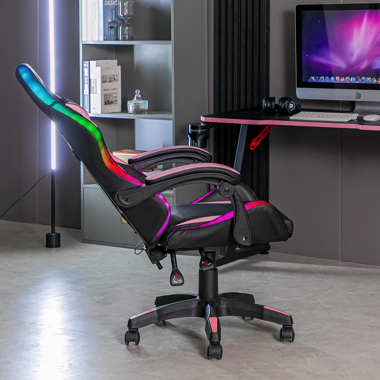 Amstrad AMS-900-LED-PINK Fauteuil/Chaise de Bureau Gamer Noir Rose - Eclairage LED 366 Effets - Télécommande