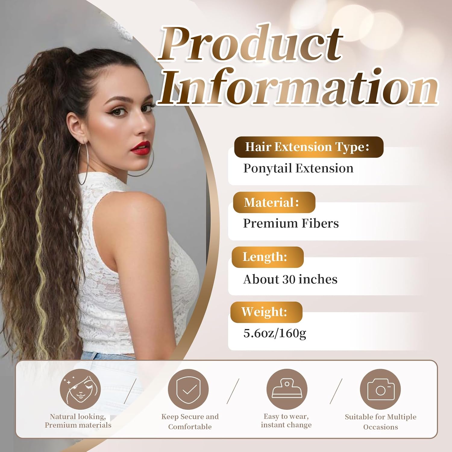 Ponytail Extensions, Chocolate Brown with Dark Blonde Claw Long Wavy Pony Tail, 30 Inch Curly Clip in Hair Extensions, Natural Looking Fluffy Synthetic Hairpieces for Women Daily Use