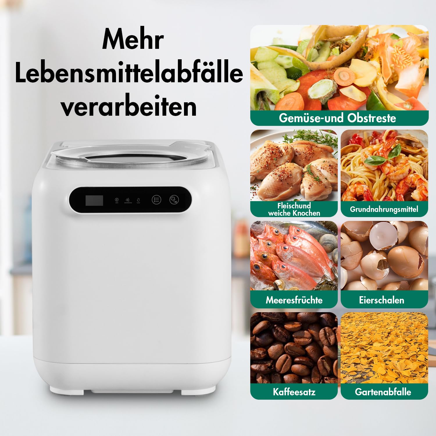 Elektrischer Komposter für Küche, 3L Arbeitsplatte Kompost Bin mit Big Carbon Filter und visuelle Fenster, verwandelt Lebensmittelabfall in Dünger, Geruchlos| Auto-Reinigung| Timing-Funktion