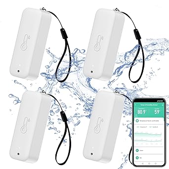 Smart Hygrometer Thermometer: Waterproof Humidity and Temperature Sensor Gauge with App Alert Notification, Indoor and Outdoor Self Magnet WiFi Temperature Sensor, Compatible with Alexa (4 Pack)
