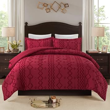 JML King Size Comforter Set, 3 Pieces Bedding Comforter Set with 2 Pillowcase, Shabby Chic Jacquard Tufted Geometric Comforter Bedding Set for All Season, Burgundy
