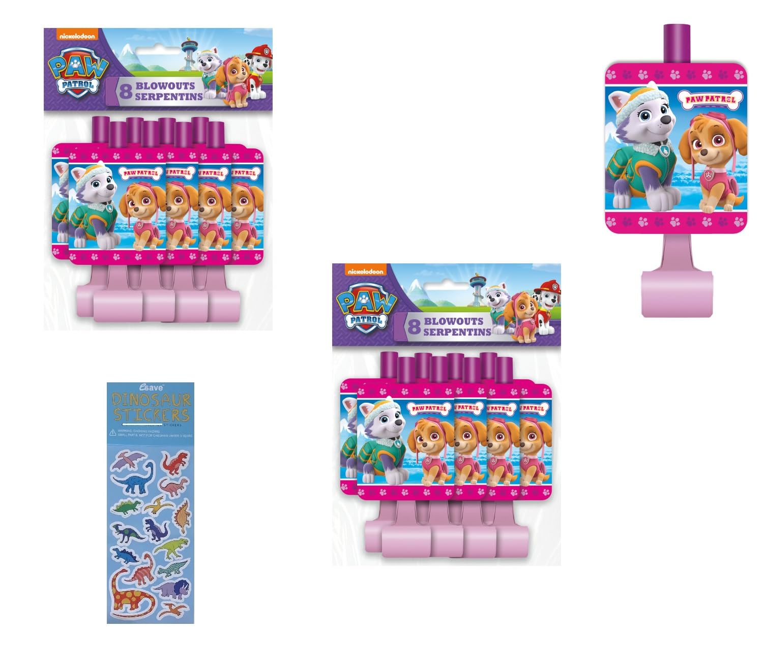Paw Patrol Girl Birthday Party Supplies Bundle includes 16 Party Blowouts and 1 Dinosaur Sticker Sheet