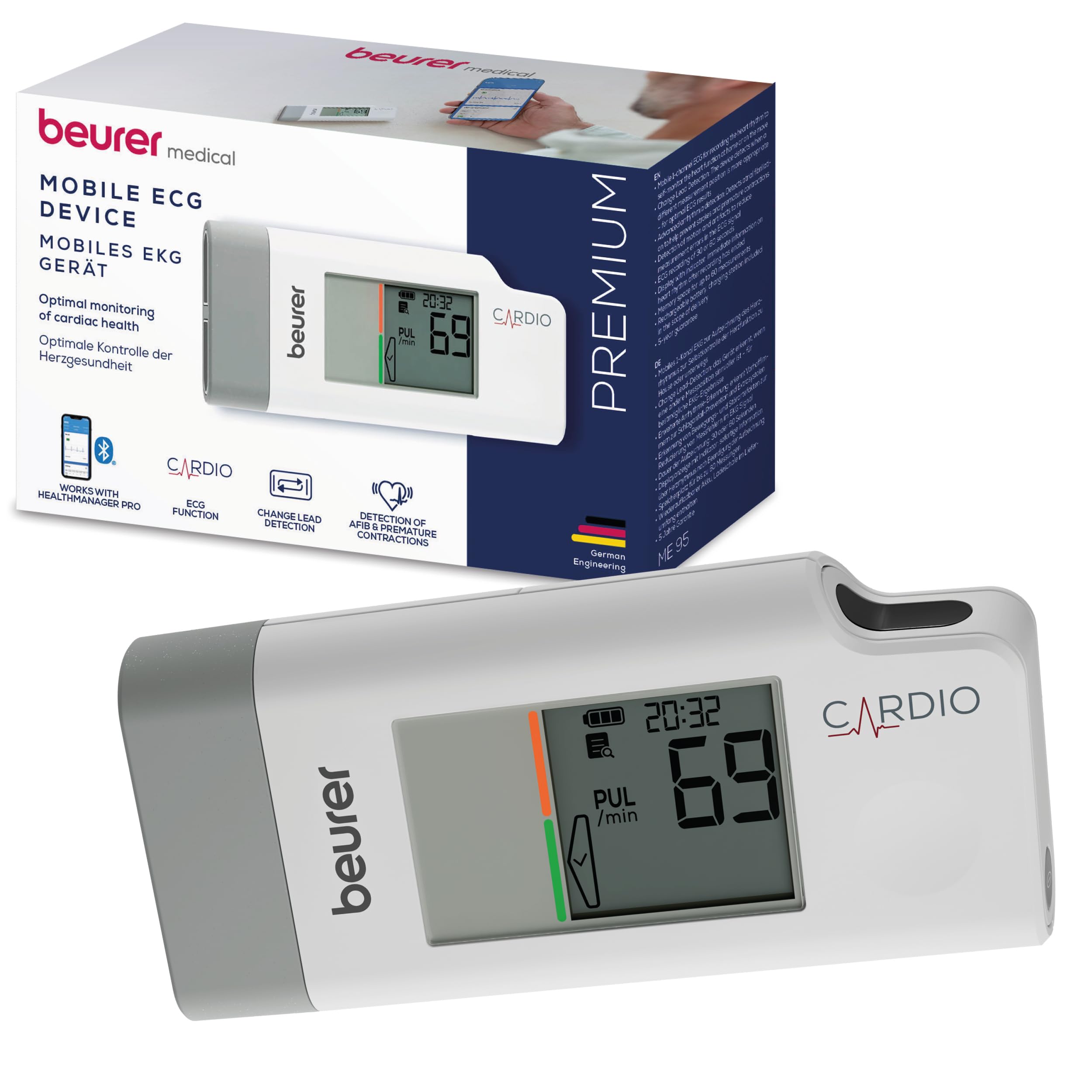 Beurer ME 95 EKG mobilne, 1-kanałowe EKG do rejestrowania rytmu serca, wykrywa migotanie przedsionków, akumulator, monitor tętna z aplikacją, Apple Health
