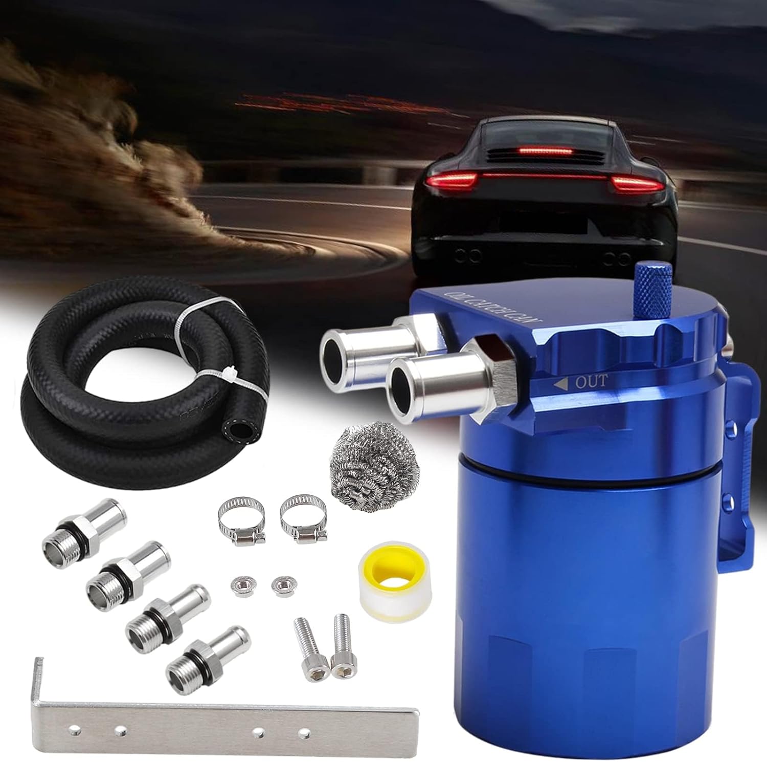 Upgraded Baffled Oil Catch Can Kit Aluminum Reservoir Tank with 3/8" Strengthened NBR Fuel Line Blue 400ml