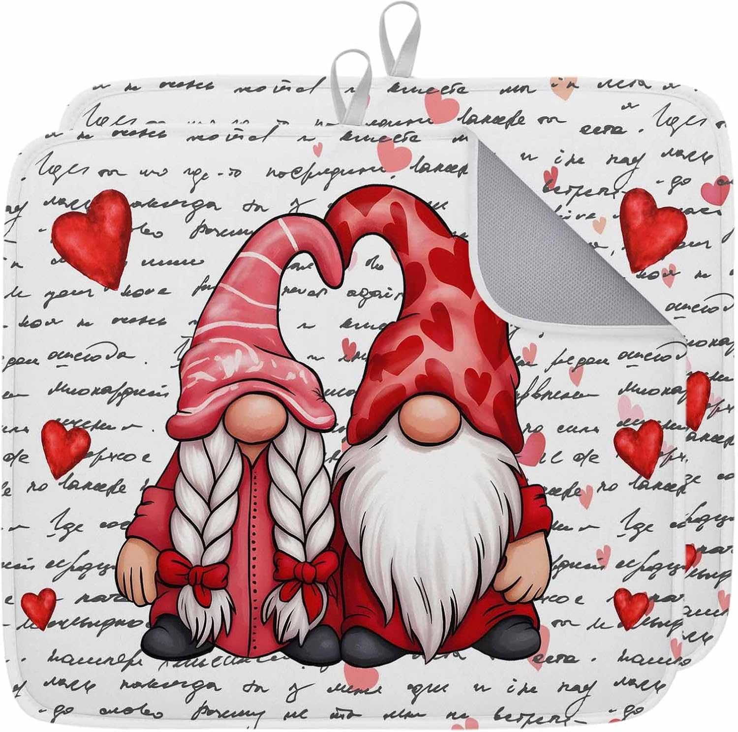 Valentine's Day Dish Drying Mat for Kitchen Counter Gnome Couple Drying Pad Absorbent Drying Mats for Countertops Sinks Draining Racks Red Love Heart Letter Drainer Valentines Wedding Decor 18x24