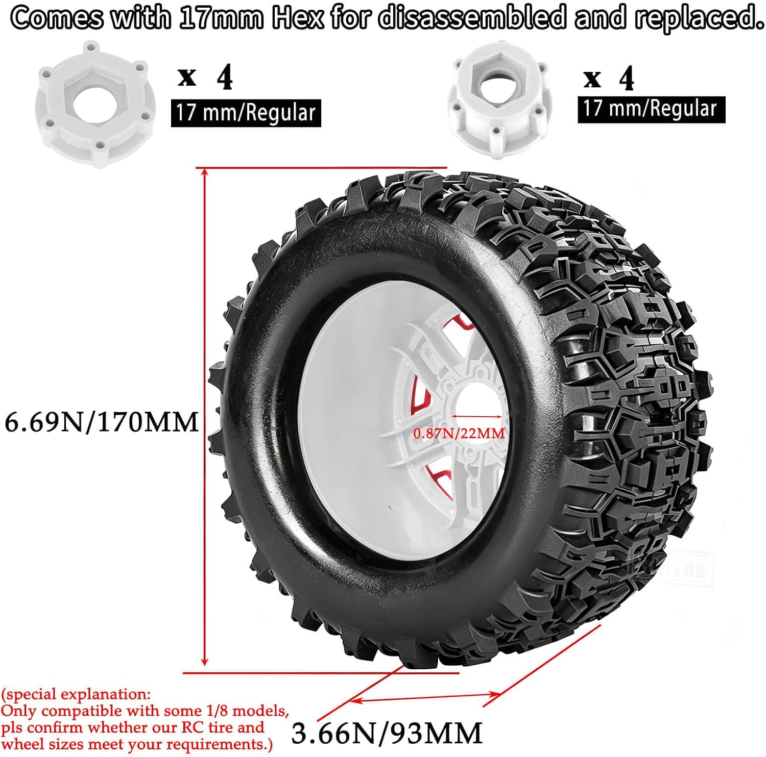 RC Wheels and Tires Set(4PCS) for 1/8 Monster Truck Tires,1/8 Traxx as/Arrm a 6S/Summi t/ERveo/Redc at/HPI JLB Cheetah RC Off-Road etc,17mm Hex Tire and Wheels/Plastic Rims,Red and White