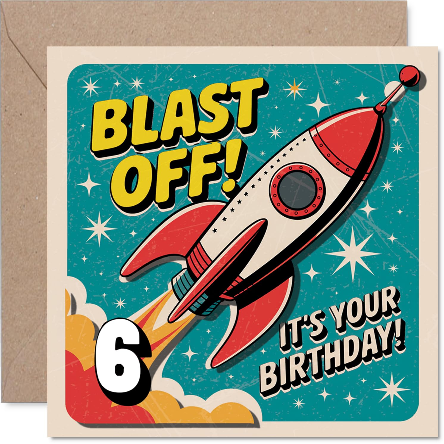 Playful 6th Birthday Card - Blast off into a Brilliant 6th Birthday - Retro Rocket and Colourful Space Scene - 145mm Square, Envelope Included