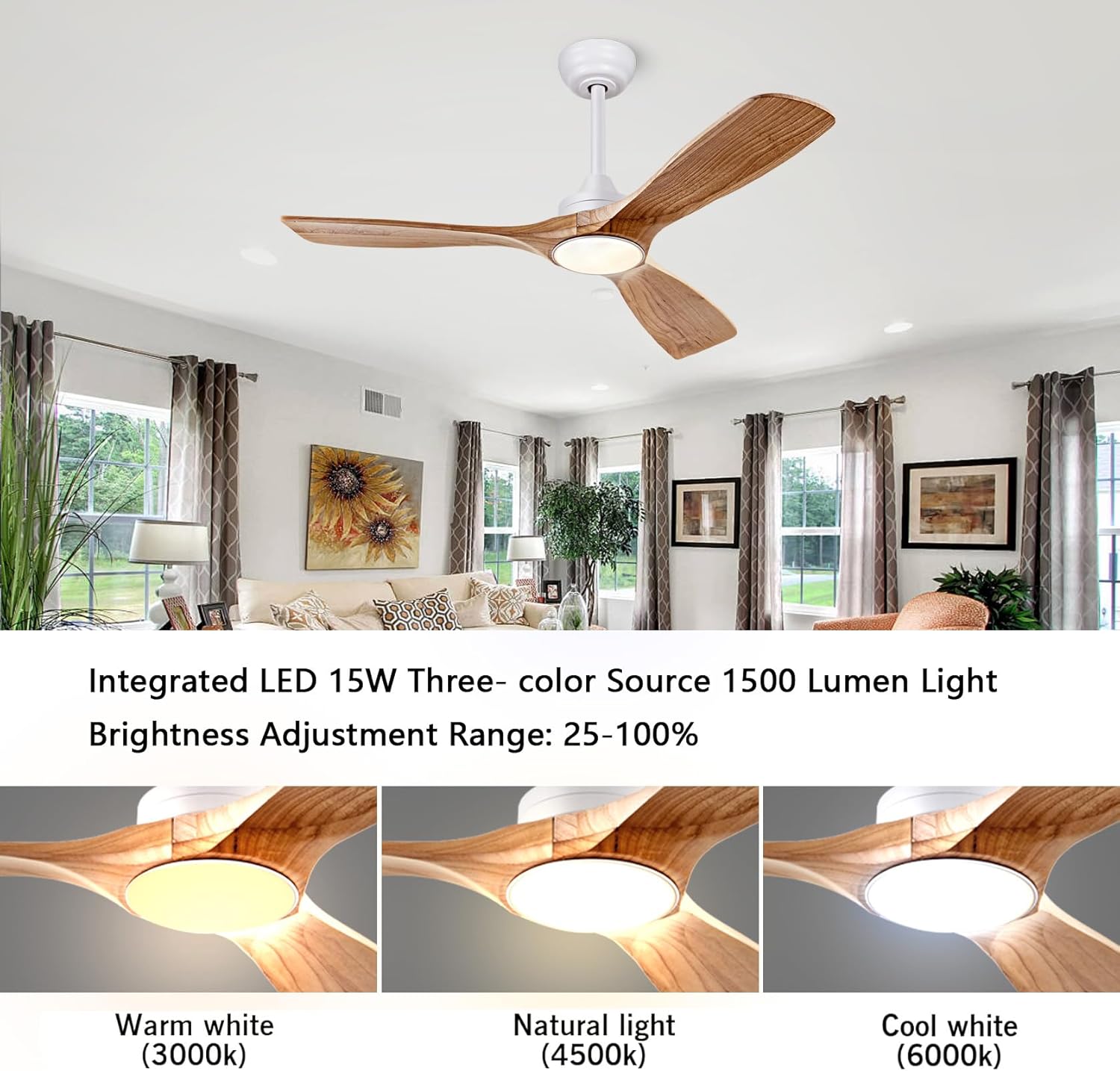 Ceiling Fans with Lights, 42 Inch Ceiling Fan with Remote/APP Control,3CCT Dimmable Light,Noiseless Reversible DC Motor,3 Solid Wood Blades,Indoor/Outdoor Ceiling Fans for Bedroom,Farmhouse,Patio