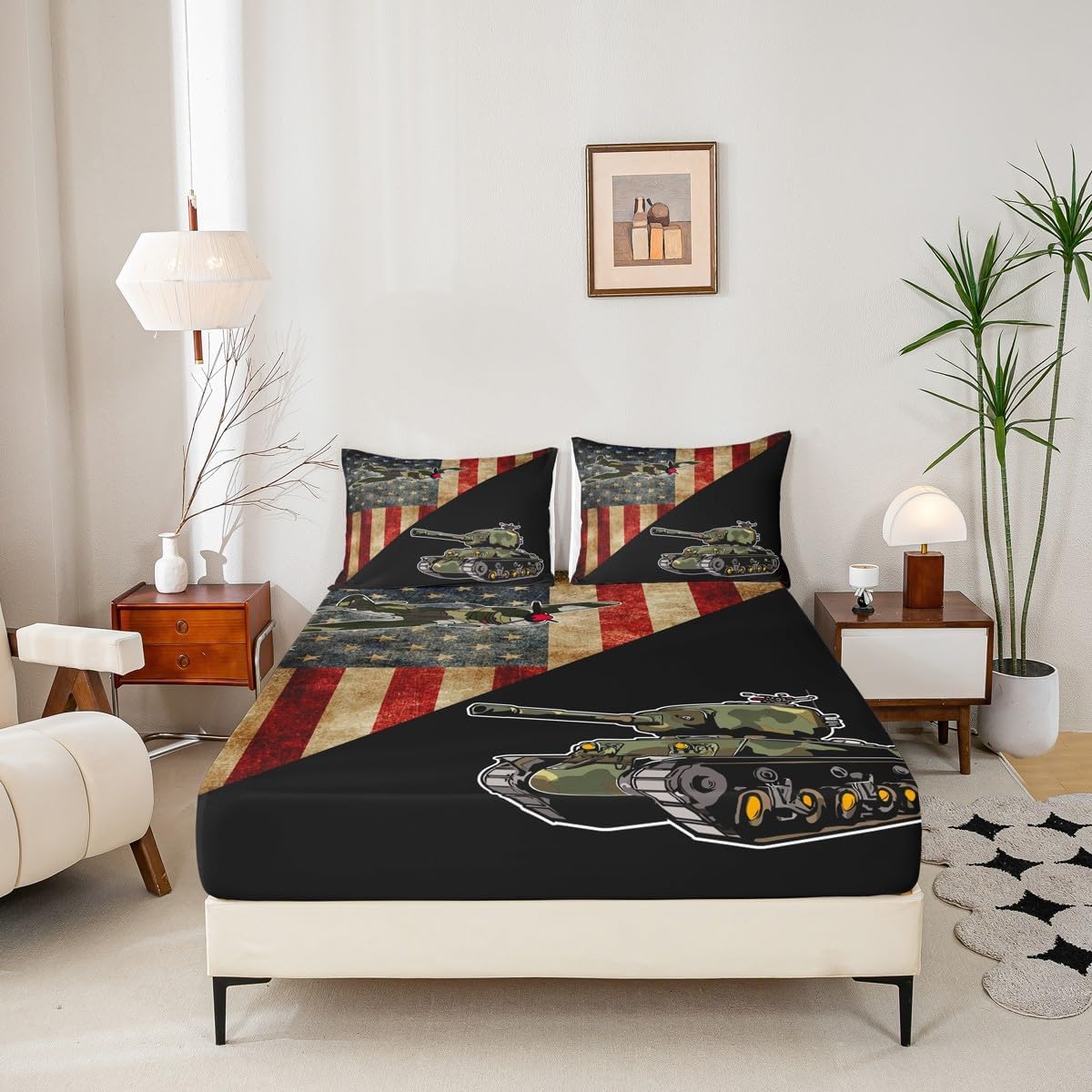 Camo Airplane Kids Fitted Sheet Full Size,Camouflage Tank Aircraft Bedding Set,Boys Girls Adults Room Decor,American USA Flag Western Bed Cover,Red Black Retro Bed Sheet,2 Pillowcases image 4