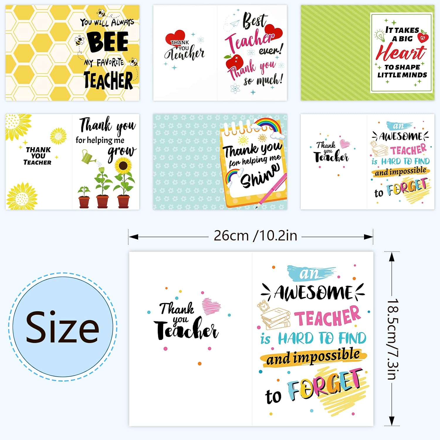 HOWAF Teacher Appreciation Greeting Cards with Envelopes, Thank You Teachers Party Supplies Cards for Teachers Day Gift Giving, Teacher Appreciation Week Gift Cards for Teachers Day, 10.2’’*7.3’’,6 Pack image 2