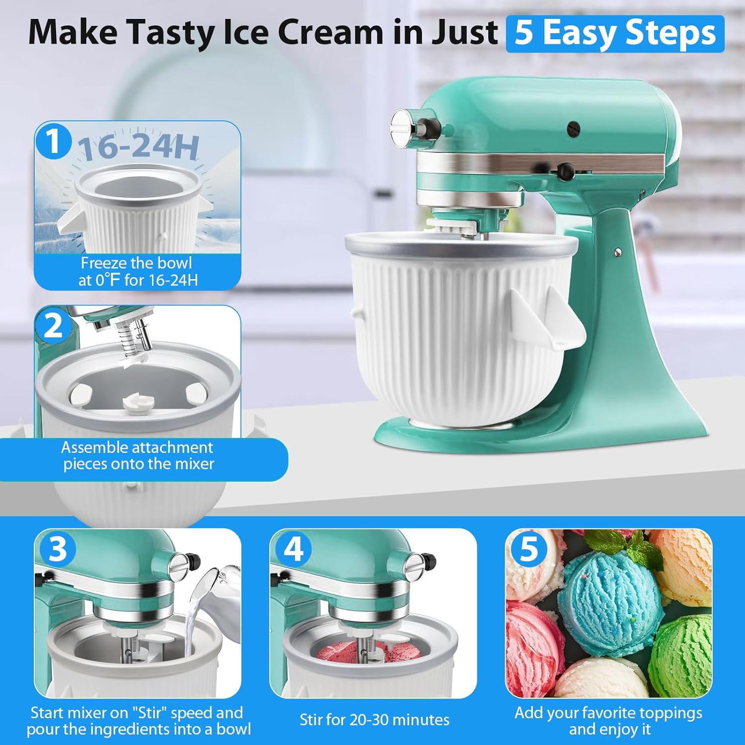 GuanQiao Ice Cream Maker Attachment: For KitchenAid Stand Mixer, Fits 4.5/5QT/6QT/7QT Models. 2 Quart Capacity, Makes Frozen Yogurt & Gelato
