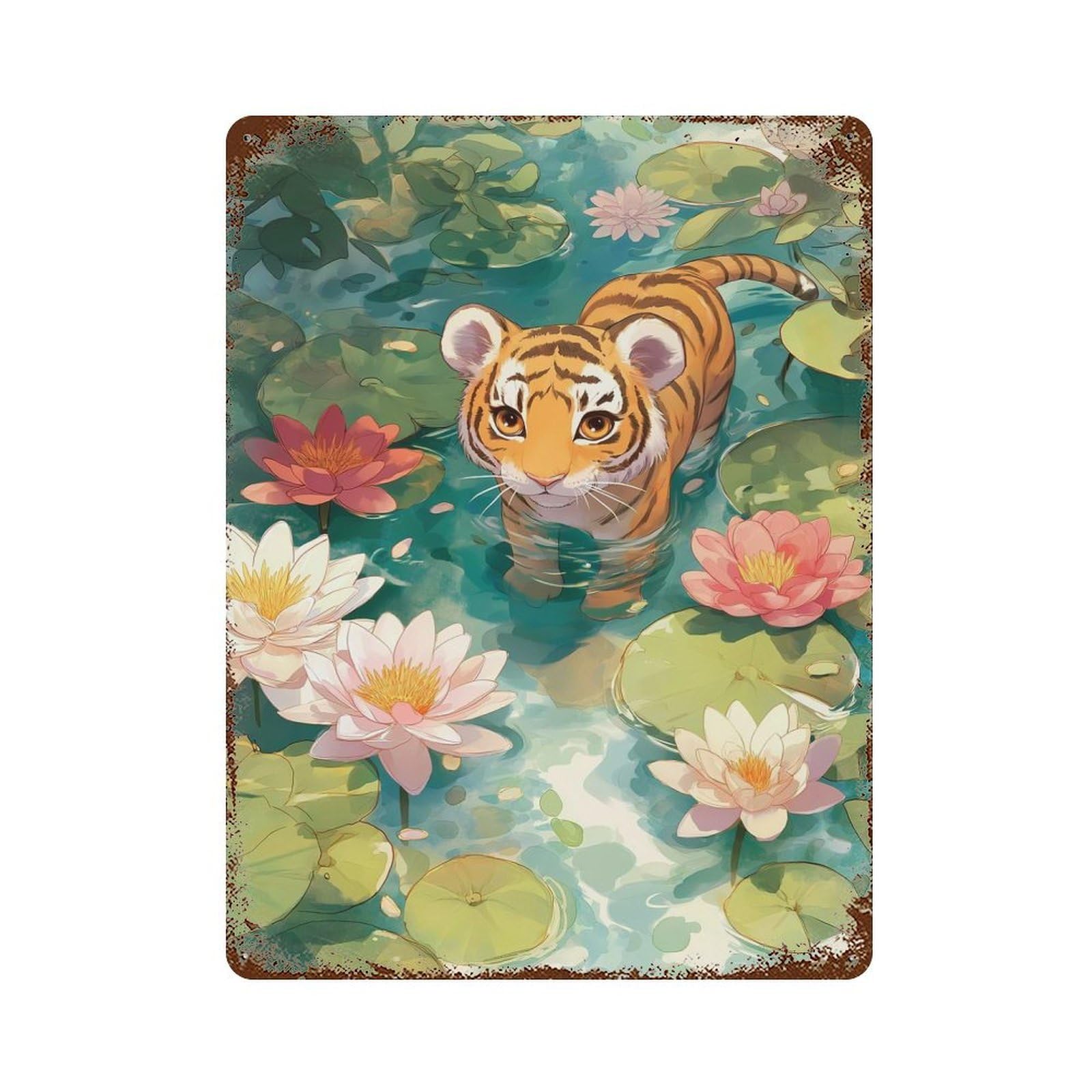 Decorative Tin Sign with Cute Tiger Cub in Lily Pond Design 15.7"x11.8", for Garage, Bar And Workshop Decor, Decorative Metal Wall Art