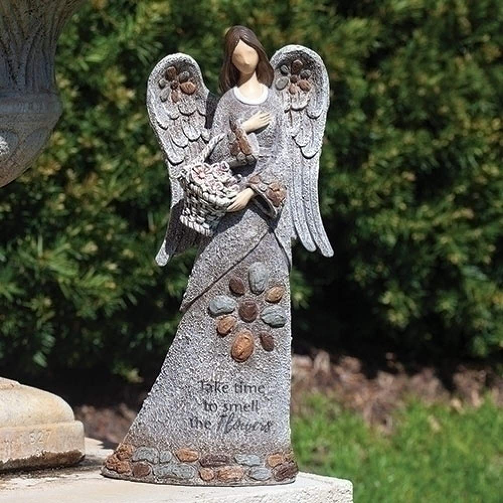 Statue de jardin en galets représentant un ange romain avec panier 35,6 cm