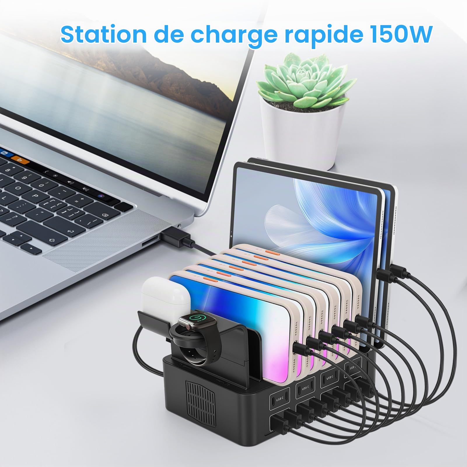 Station de Chargement USB, Station de Recharge 16 Ports 15W avec 8 Câbles, Support Chargeur Telephone,Station de Charge Telephone Portable