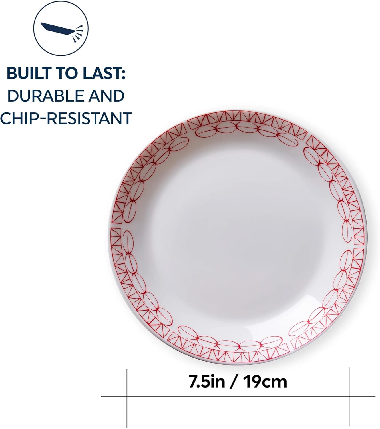 Corelle plate showing its 7.5 inch / 19 cm diameter