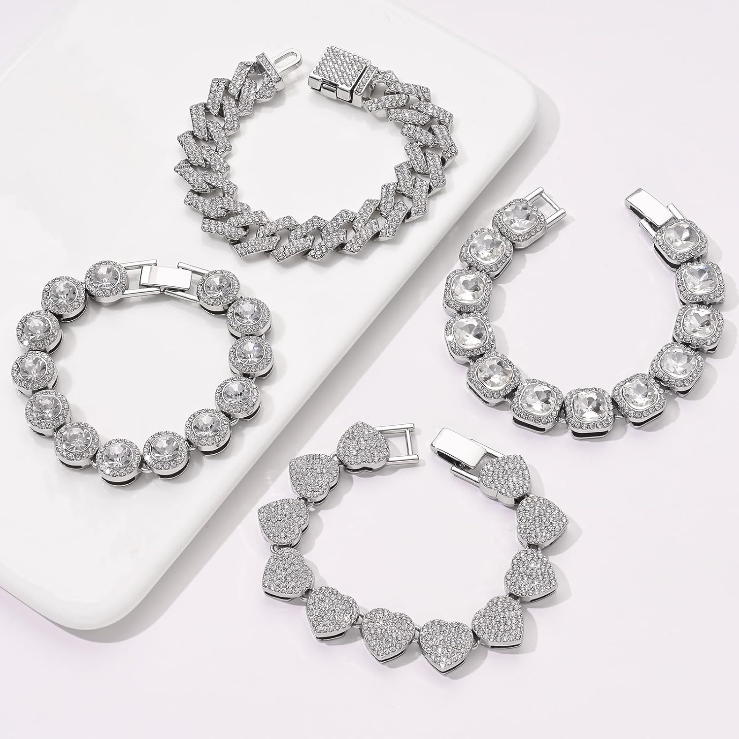 4-PCS Cuban Link Bracelets for Women,Diamond Tennis Bracelet Set,14K Gold Plated Layered Stackable Jewelry, Adjustable Bling Gift Set for Women - Image 4