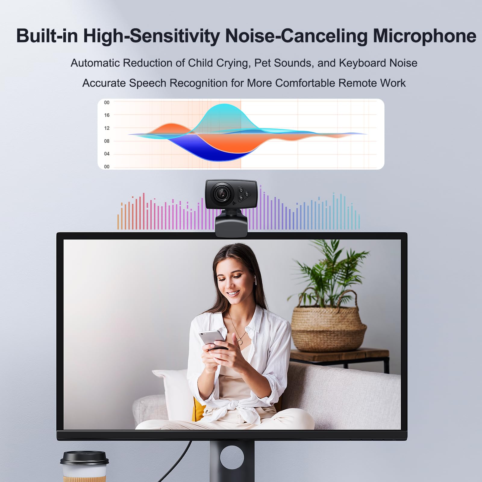 Webcam Full HD 1080p con microfono a cancellazione del rumore e correzione automatica della luce, grandangolo 110, fotocamera USB Plug & Play per laptop/desktop/Mac/Zoom/Skype/Teams