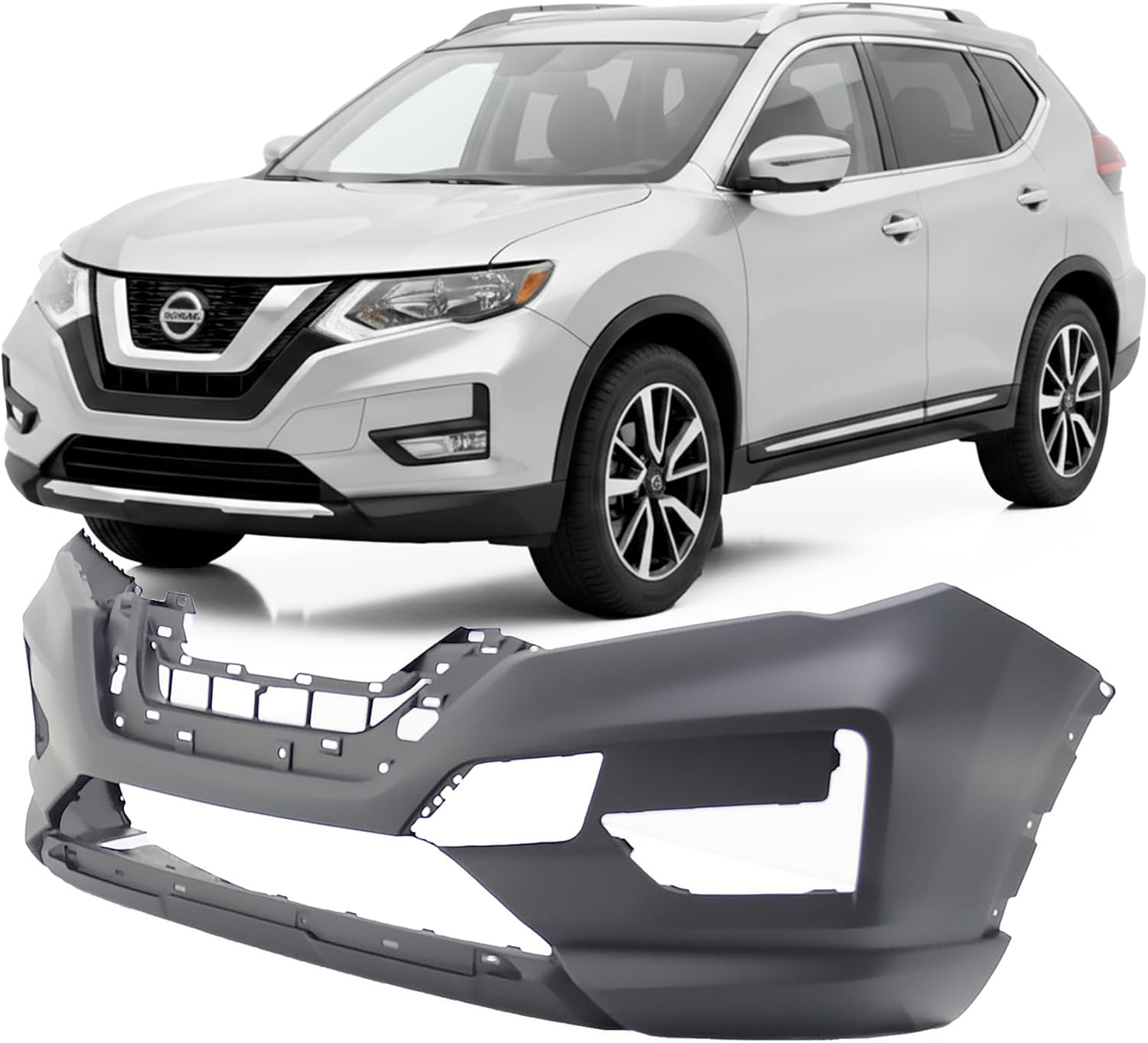 FitParts Compatible with Front Bumper Cover Fascia Nissan Rogue 2017 2018 2019 SL S SV Hybrid 17-19. New Primed Without Sensor Holes, With Fog Light Holes. NI1000316 620226FL0H