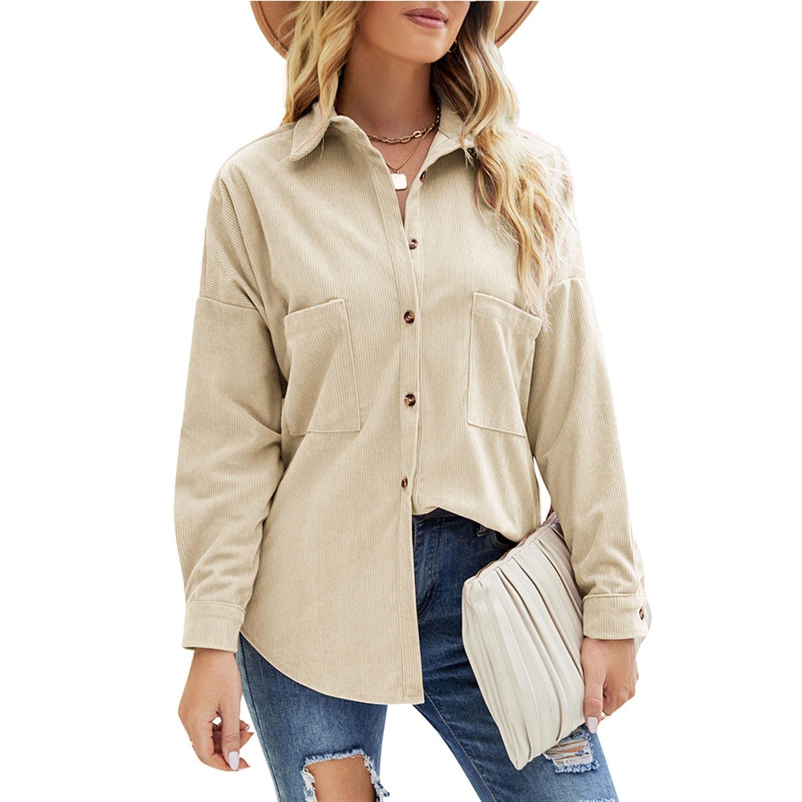 Beaully Camicia In Velluto A Coste, Donna, Maniche Lunghe, Oversize, Con Bottoni, Tasche, Colore Caffè, Taglia XXL, Giacca Shacket Autunnale