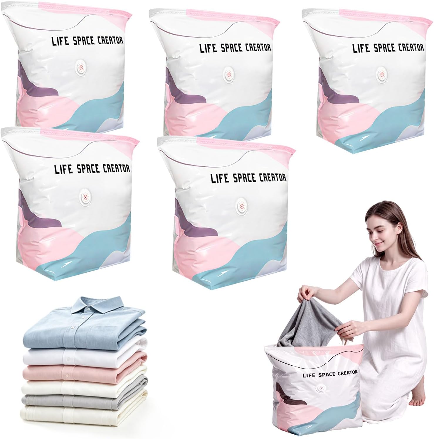 5PCS No Pump Vacuum Storage Bags, No Pump Large Vacuum Storage Compression Bags, Thick Airtight Reusable Organizer for Clothes Comforters Travel Moving Closet Storage (M)