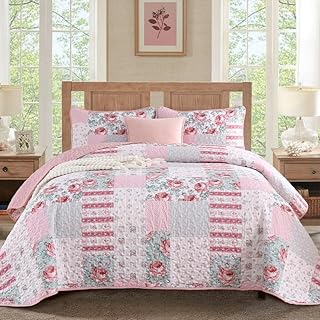 Patchwork Quilt Set Queen Size, Pink Floral Plaid Bedspread Coverlet Set...