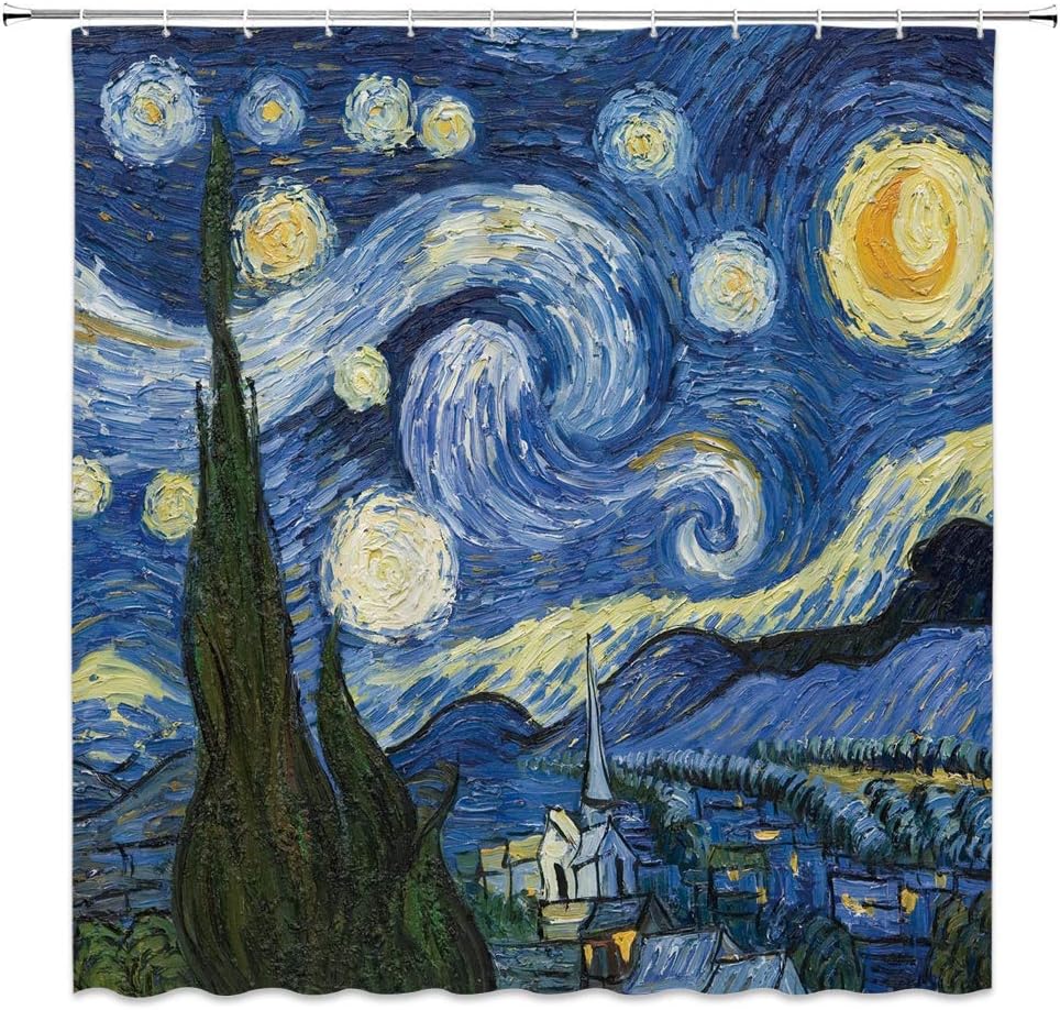Starry Night Extra Long Shower Curtain, Blue Oil Painting Abstract Art Blue Sky White Cloud Star Moon Scenery Bathroom Home Curtain Decor with Hooks,70" Wx84 H