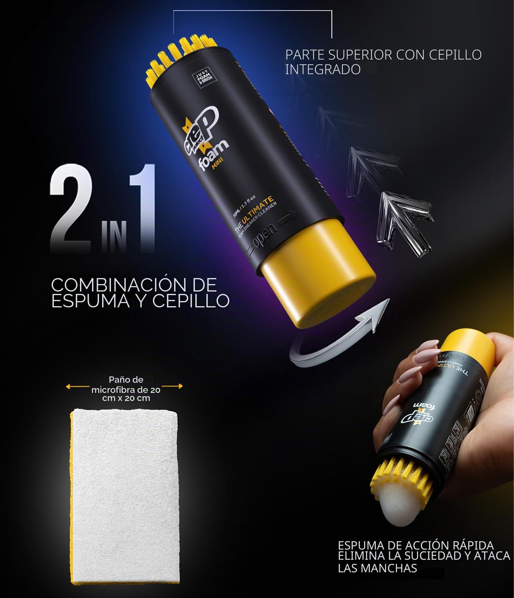 Crep Protect Foam Mini Limpiador de Zapatillas - Espuma Limpiadora para Sneakers con Cepillo Integrado y Paño de Microfibra - Limpieza Rápida Tamaño Viaje