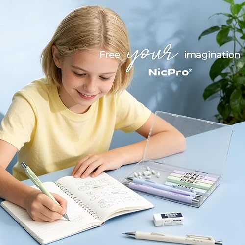 Miniatura 7 de Nicpro 4 lápices mecánicos pastel de 0.7 mm, lindo juego de lápices mecánicos de clic rápido con 8 tubos de recambios de plomo HB, gomas de borrar