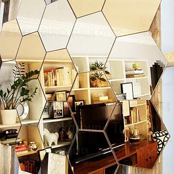 Wall1ders - 20 Hexagon Golden (Each Hexagon Size 12.1 cm x 10.5 cm) 3D Hexagon Mirror Wall Stickers, 3D Mirror Stickers for Wall Large Size, 3D Wall Mirror Stickers.