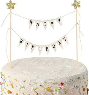 Happy Birthday Cake Banner Personalized Toppers, Handmade Linen Pennant Flags With 7.9 in Bamboo Polls, Party Decoration Supplies for Cakes Cupcakes